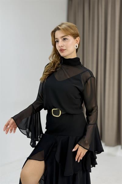 Kadın İçi Astarlı Body Ve Kemer Detaylı Fırfırlı Şifon Elbise Siyah