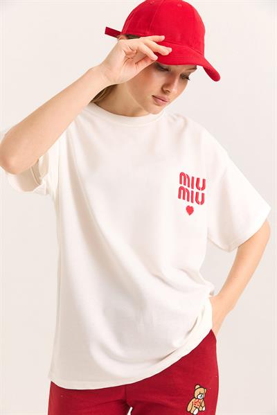 Nakış Detaylı Oversize Örme İki İp Tshirt Beyaz