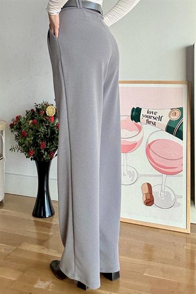 Likralı Krep Örme Kumaş Kemerli Salaş Pantolon Gri