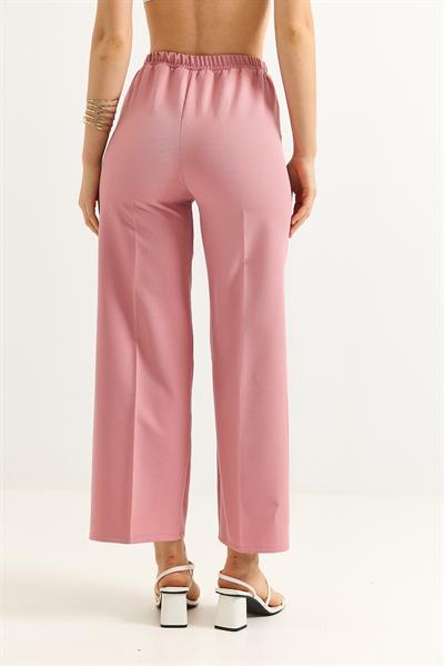 Bel Kuşaklı Bol Paça Krep Pantolon Gül Kurusu