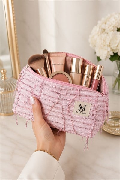 Kadın Boncuklu 23X13 Ölçülü Makyaj Çantası Pembe