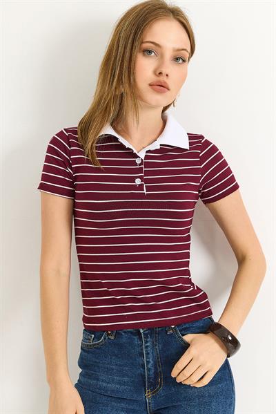 Polo Yaka Çizgi Desenli Kadın Tshirt Bordo