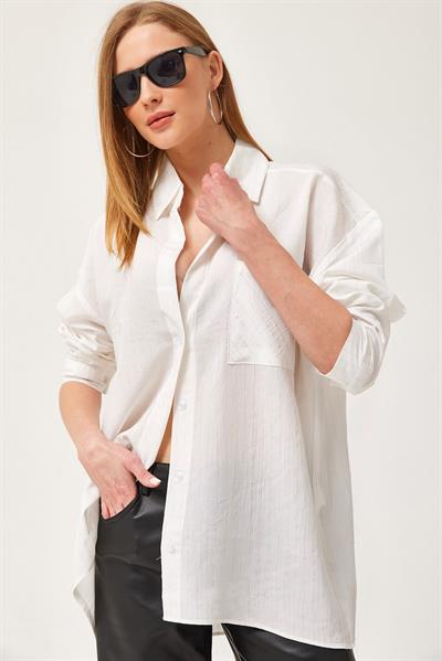 Oversize Cepli Poplin Gömlek Beyaz