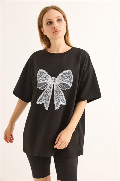Fiyonk Baskılı Oversize Kesim Tshirt Siyah
