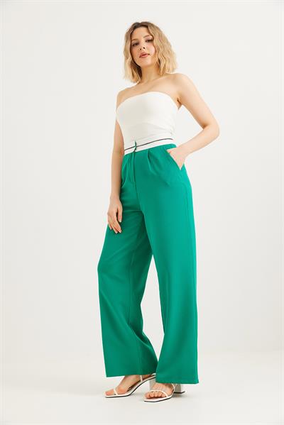 Beli Şeritli Bol Paça Pantolon Yeşil