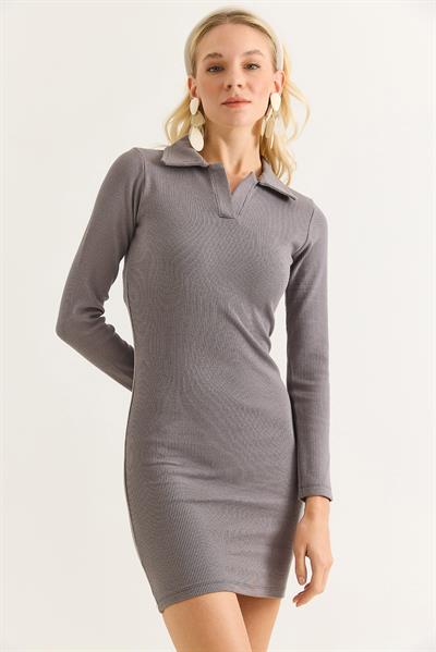 Kadın Polo Yaka Mini Elbise Füme