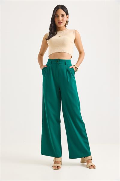 Yüksek Bel Bol Paça Pantalon Yeşil