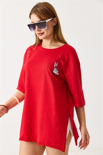 Kadın Yanları Yırtmaçlı Oversize  Basic Tshirt Kırmızı