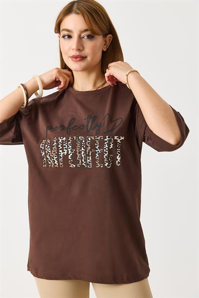 Kadın Bol Kesim Bisiklet Yaka Kısa Kol Tshirt Kahverengi