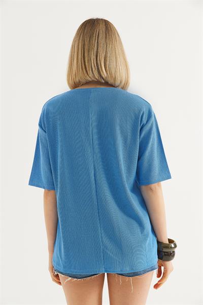 Bisiklet Yaka  Kısa Kol Basic Tshirt Mavi
