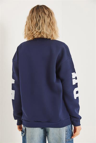 Üç İplik Baskılı Kapüşonlu Sweatshirt Lacivert
