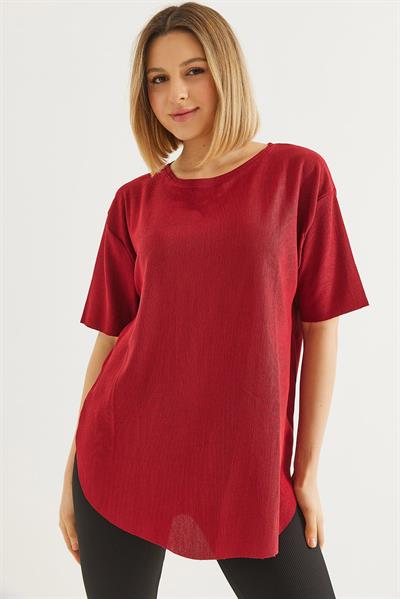 Bisiklet Yaka  Kısa Kol Basic Tshirt Bordo