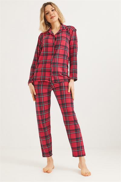 Düğmeli Uzun Kollu Pijama Takımı Kırmızı
