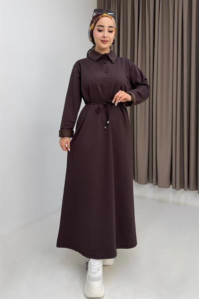 Kadın Beli Bağlamalı Düz Basic Elbise Kahverengi