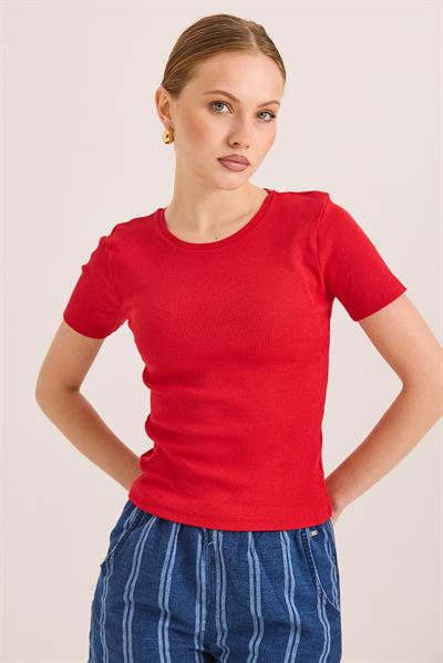 Bisiklet Yaka Örme Kaşkorse Bluz Kırmızı