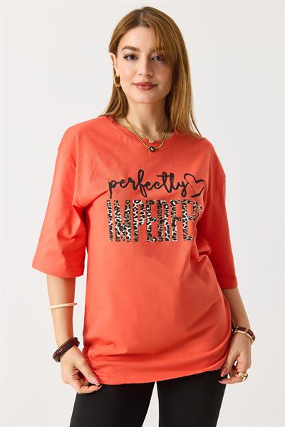 Kadın Bol Kesim Bisiklet Yaka Kısa Kol Tshirt Turuncu