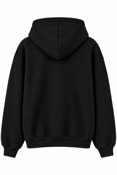 Kadın Baskılı Oversize Kapüşonlu Cep Detay Sweatshirt Siyah