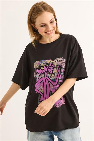 Baskılı Oversize Kesim Kadın Tshirt Siyah