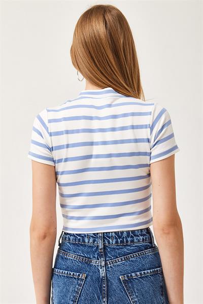 Çizgili Bisiklet Yaka Crop Bluz Açık Mavi