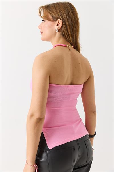 Yanları Büzgülü Yırtmaçlı Esnek Straplez Bluz Pembe