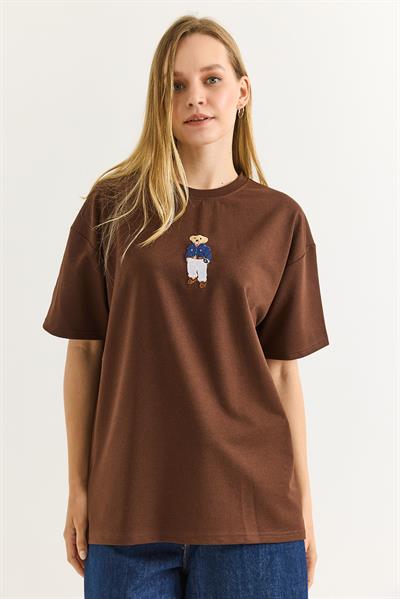 Ayıcık Nakışlı Rahat Kalıplı Tshirt Kahverengi