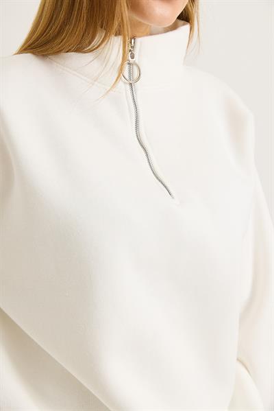 Kadın Yaka Fermuarlı 2 İplik Sweatshirt Beyaz
