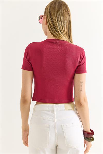 Deniz Yıldızı Baskılı Bisiklet Yaka Crop Bordo