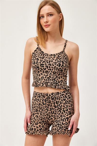 Askılı Fırfırlı Şortlu Takım Leopar