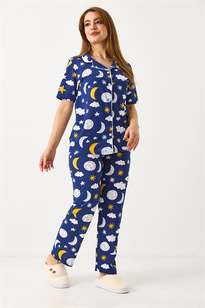 Kadın Bulut Baskılı Pijama Takımı Lacivert