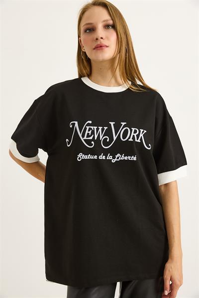 Baskılı Oversize Bisiklet Yaka Tshirt Siyah