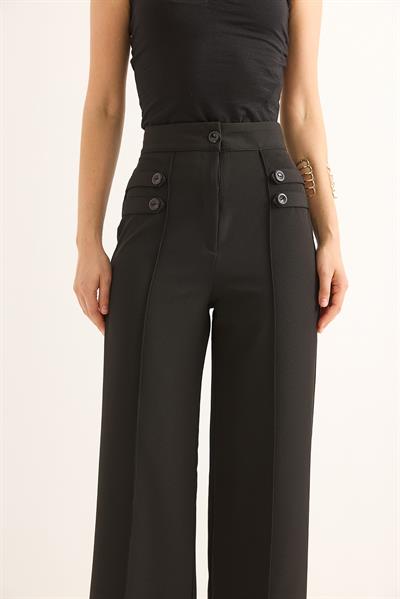 Düğme Detaylı Yüksel Bel Bol Paça Pantolon Siyah