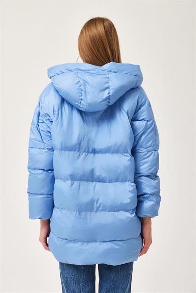 Kapüşonlu Oversize Şişme Mont Mavi