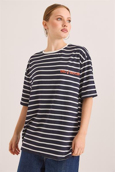 Karikatür Up Baskılı Çizgili Salaş Tshirt Lacivert