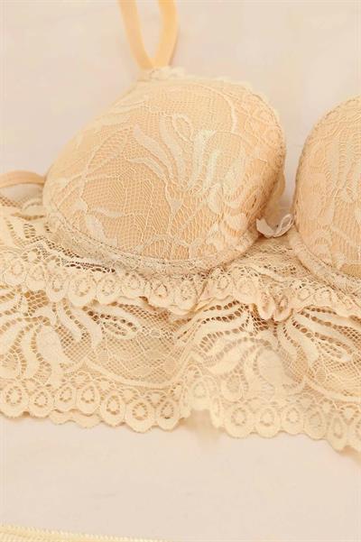 Kadın Dantelli Dolgulu Sütyen Takım Ten 