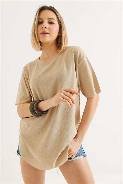 Bisiklet Yaka  Kısa Kol Basic Tshirt Krem