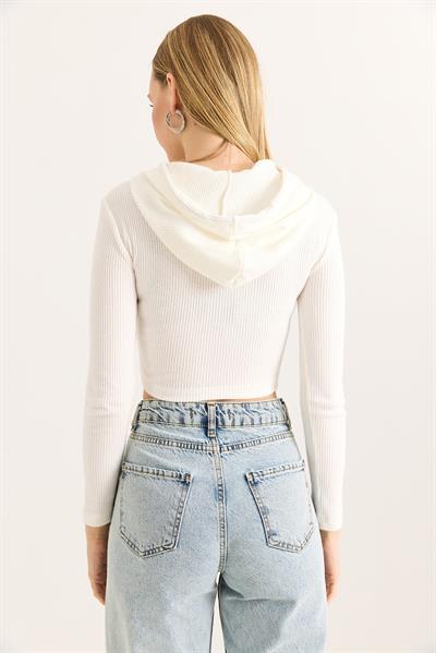 Uzun Kollu Kapüşonlu Crop Bluz Beyaz