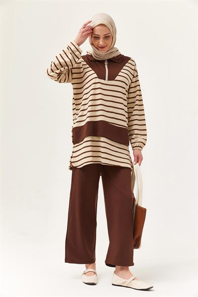 Fermuarlı Çizgili Gömlek Yaka Takım Kahverengi