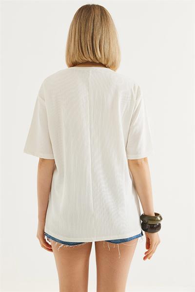 Bisiklet Yaka  Kısa Kol Basic Tshirt Beyaz