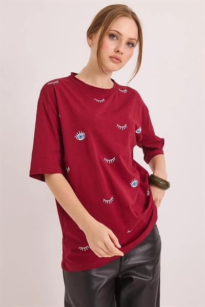 Kadın Bisiklet Yaka Göz Baskılı Oversize Tshirt Bordo