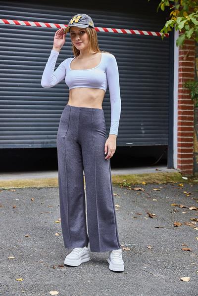 Yüksel Bel Dikiş Detaylı Spor ve Şık Likralı Örme Pantalon GRi