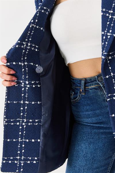 Kadın Ekoseli Blazer Ceket Lacivert