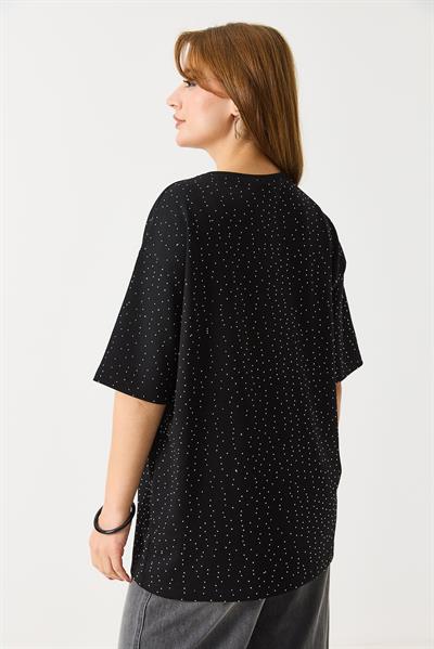 Kadın Taş Detaylı Bsiklet Yaka Oversize Tshirt Siyah