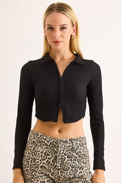 Kadın Polo Yaka Fermuarlı  Fitilli Kaşkorse Crop Siyah