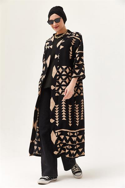 Oversize Şerit Detaylı Kimono Hırka Vizon