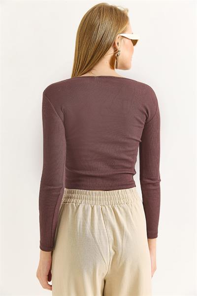 Kadın Fitilli Kare Yaka Uzun Kollu Bluz