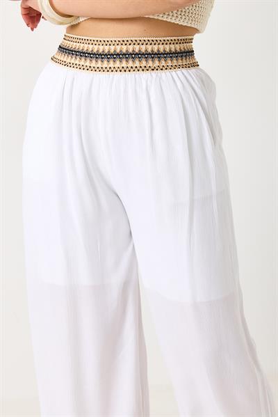 Kadın Beli Etnik Desen Keten Salaş Pantolon Beyaz