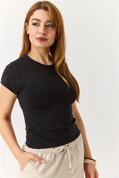 Kadın Basic Bisiklet Yaka Düz Tshirt Siyah