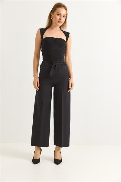 Bel Kuşaklı Bol Paça Krep Pantolon Siyah