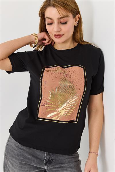 Kadın Palmiye Parlak Baskılı Siyah Tshirt