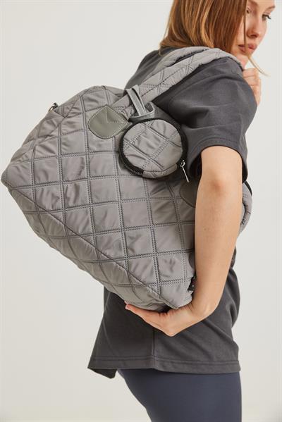 Kapitone Kumaş Cüzdanlı  El Ve Omuz Çantası Gri